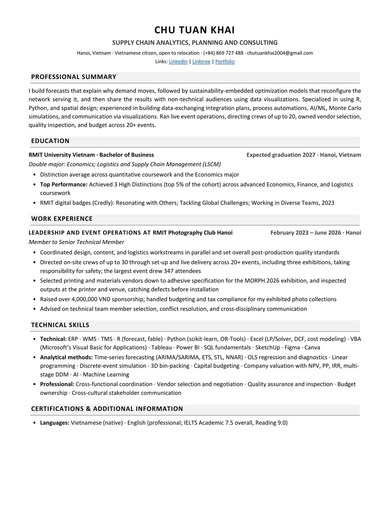 Curriculum vitae of Chu Tuan Khai, one page