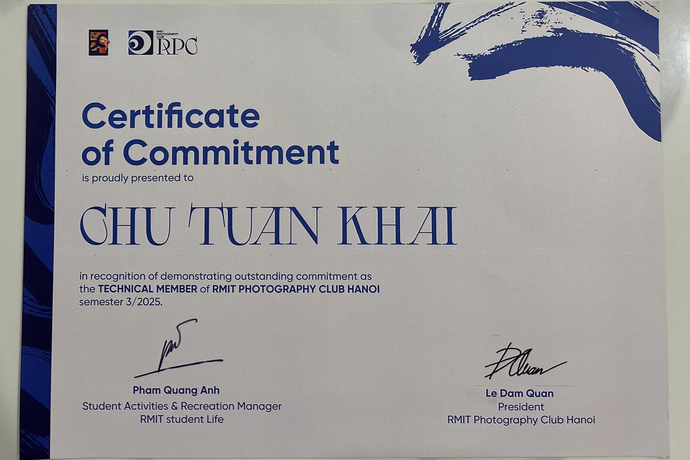 Photography Club certificate, 2025